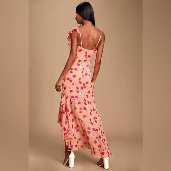 Lulu’s Bloom Forever Coral Orange Floral Print Ruffled High-Low Dress - Picture 5 of 14